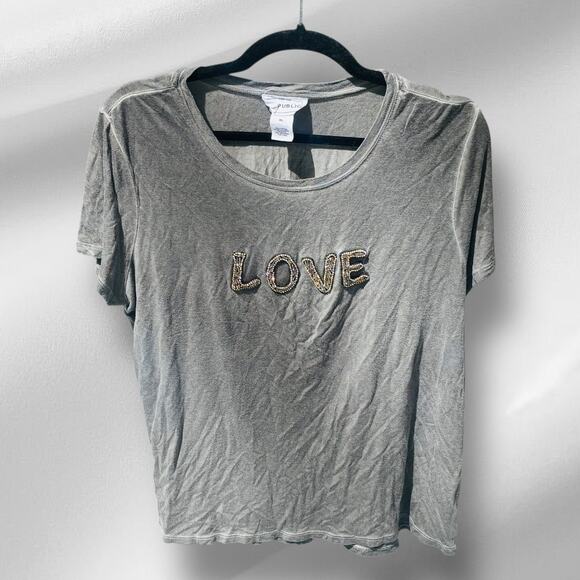 For The Republic Gray Heathered Rayon T-Shirt XL LOVE Rhinestone Accent Sparkly - Picture 1 of 10